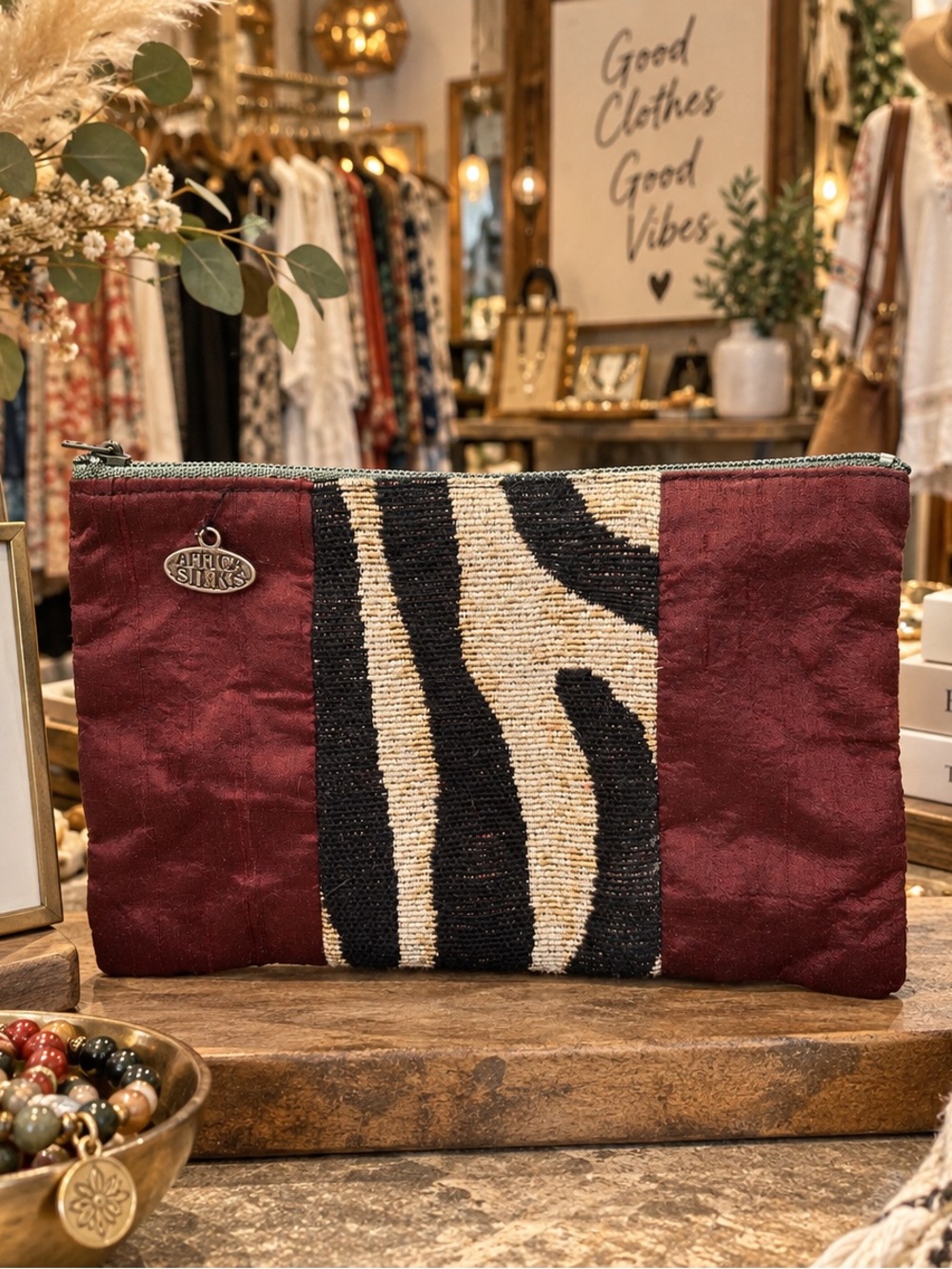 Artisan Burgundy & Black Zebra Beaded Zip Pouch
